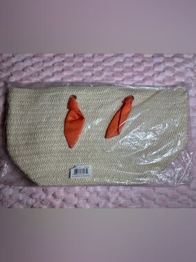 Woven Straw Tote with Orange Fabric Handles